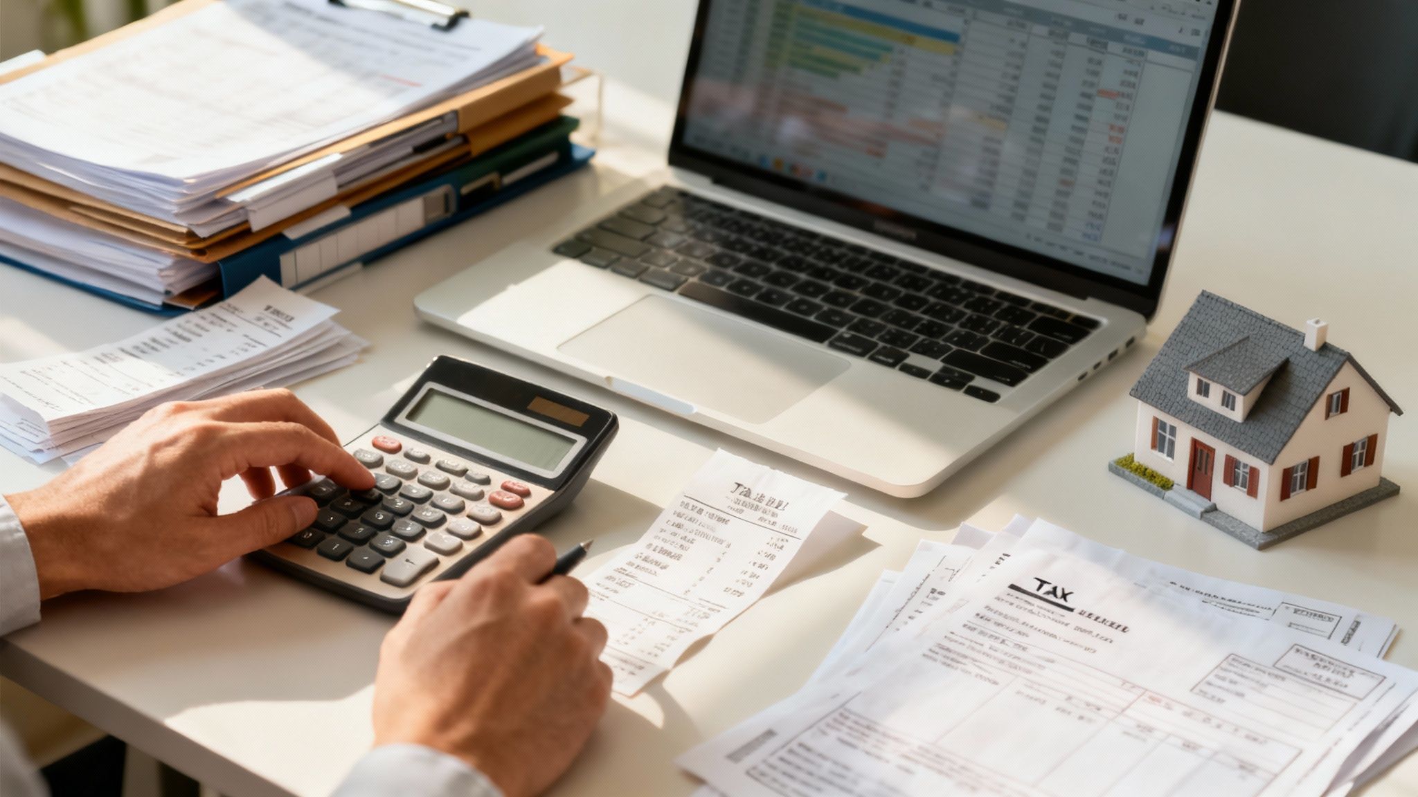 책상 위 노트북, 서류, 집 모형 옆에서 계산기로 재무를 계산하는 손.