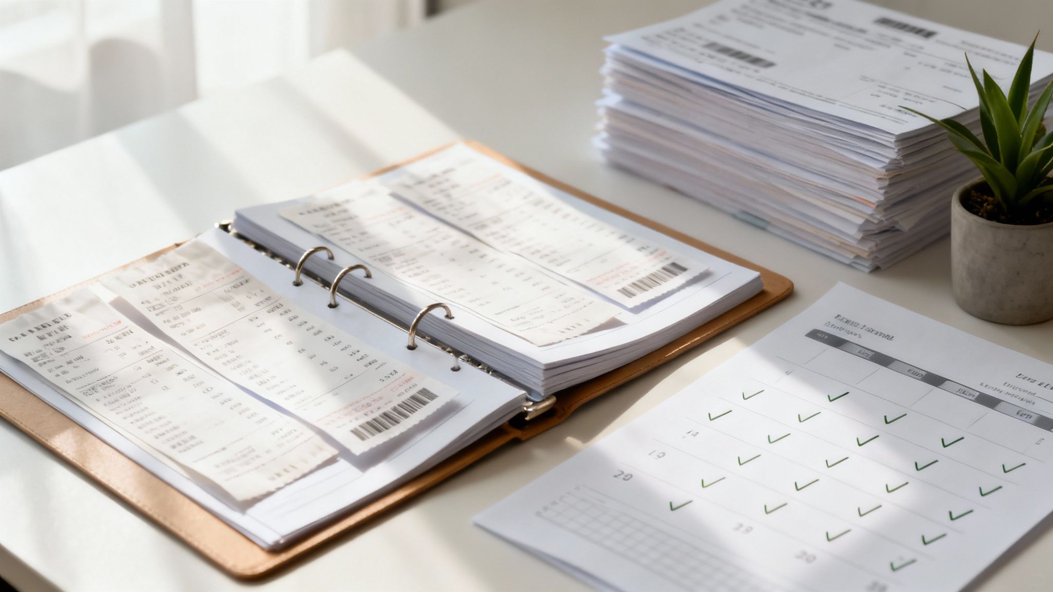 책상 위 정리된 영수증 바인더, 서류 더미, 세금 신고용 체크리스트가 보이는 재무 관리 풍경.