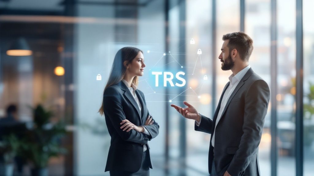 Business travelers discussing the TRS refund scheme at an airport terminal
