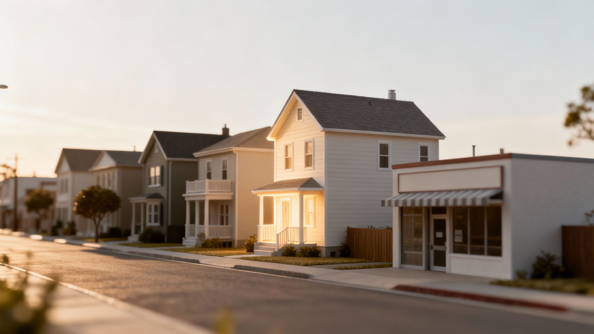 A charming miniature town street with houses and a store at golden hour.