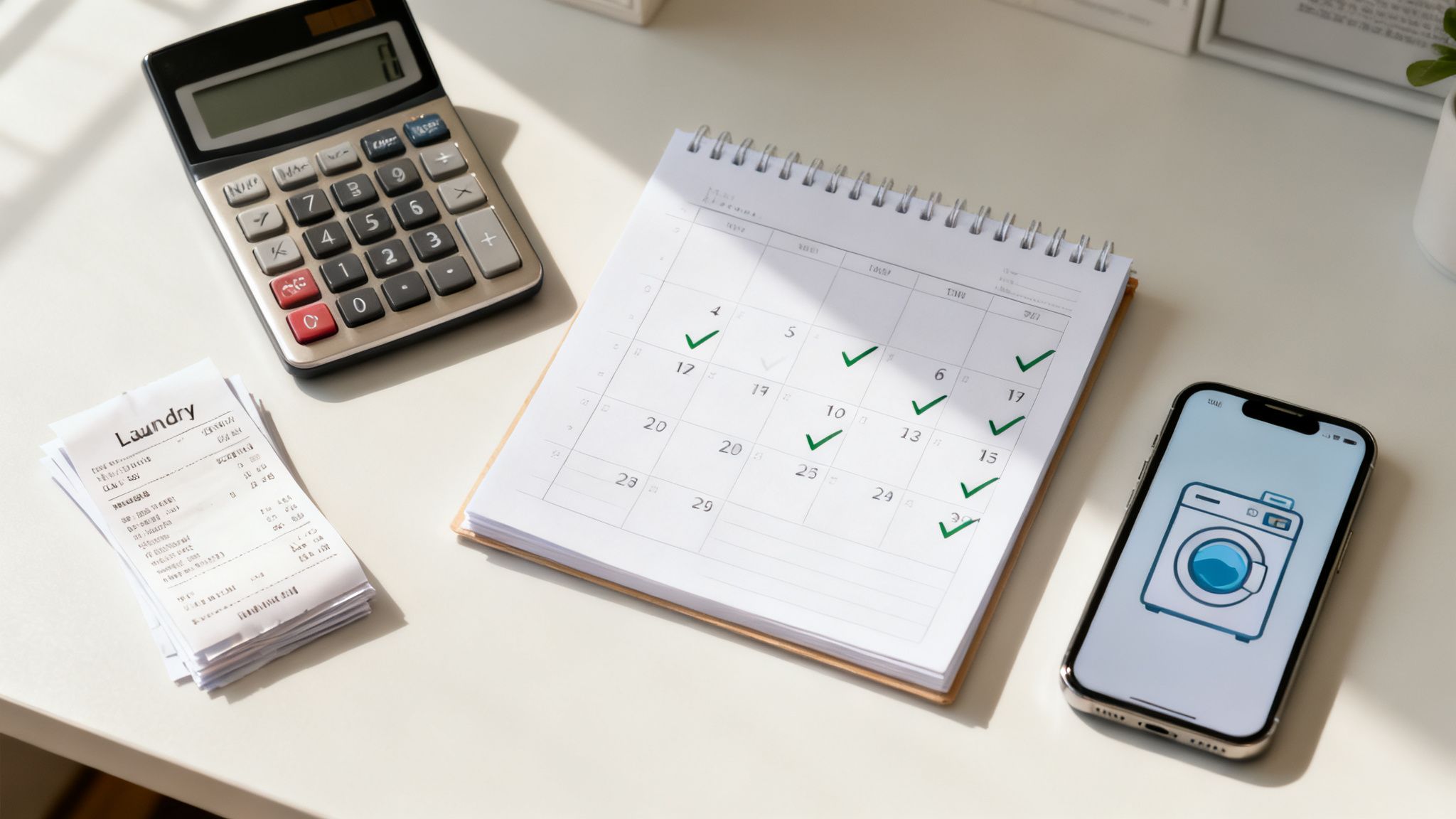 A calculator, laundry receipts, a calendar, and a smartphone with a washing machine icon on a desk.