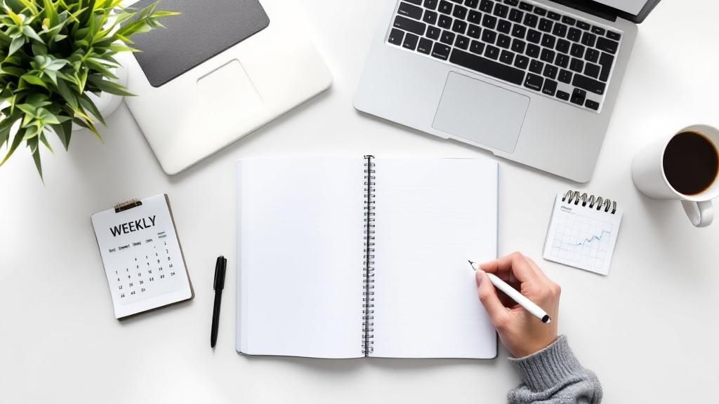 Top view of a person writing in a blank notebook with a laptop, calendar, and office supplies on a desk