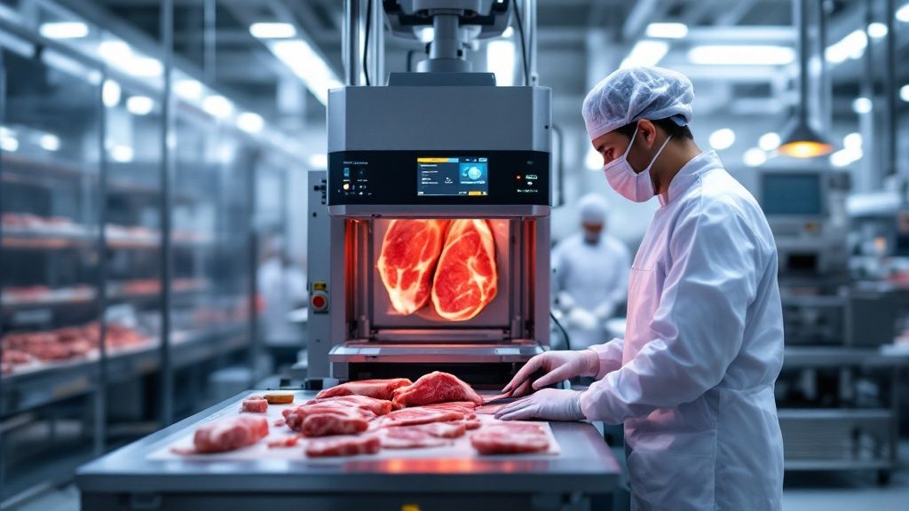 Meat factory worker using high-tech scanner to inspect cuts of meat
