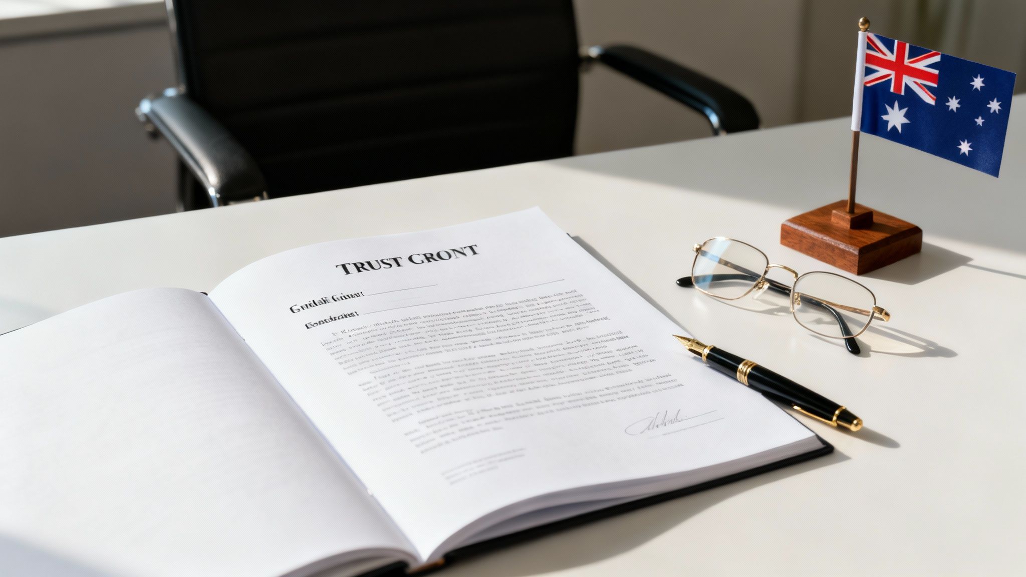 A trust document, reading glasses, a pen, and an Australian flag on a white desk, suggesting legal work.
