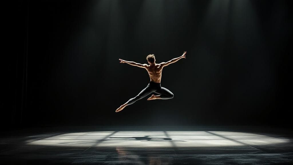 Male dancer performing a high leap on a dimly lit stage with dramatic spotlight