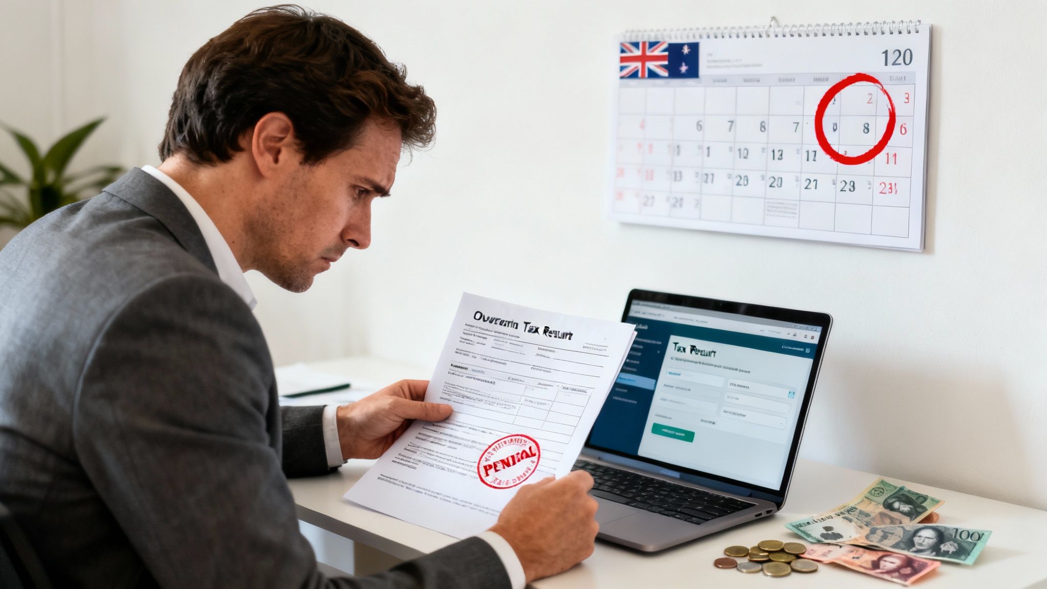 Accountant reviewing dates on a calendar beside a laptop while calculating the overdue tax return penalty in Australia.