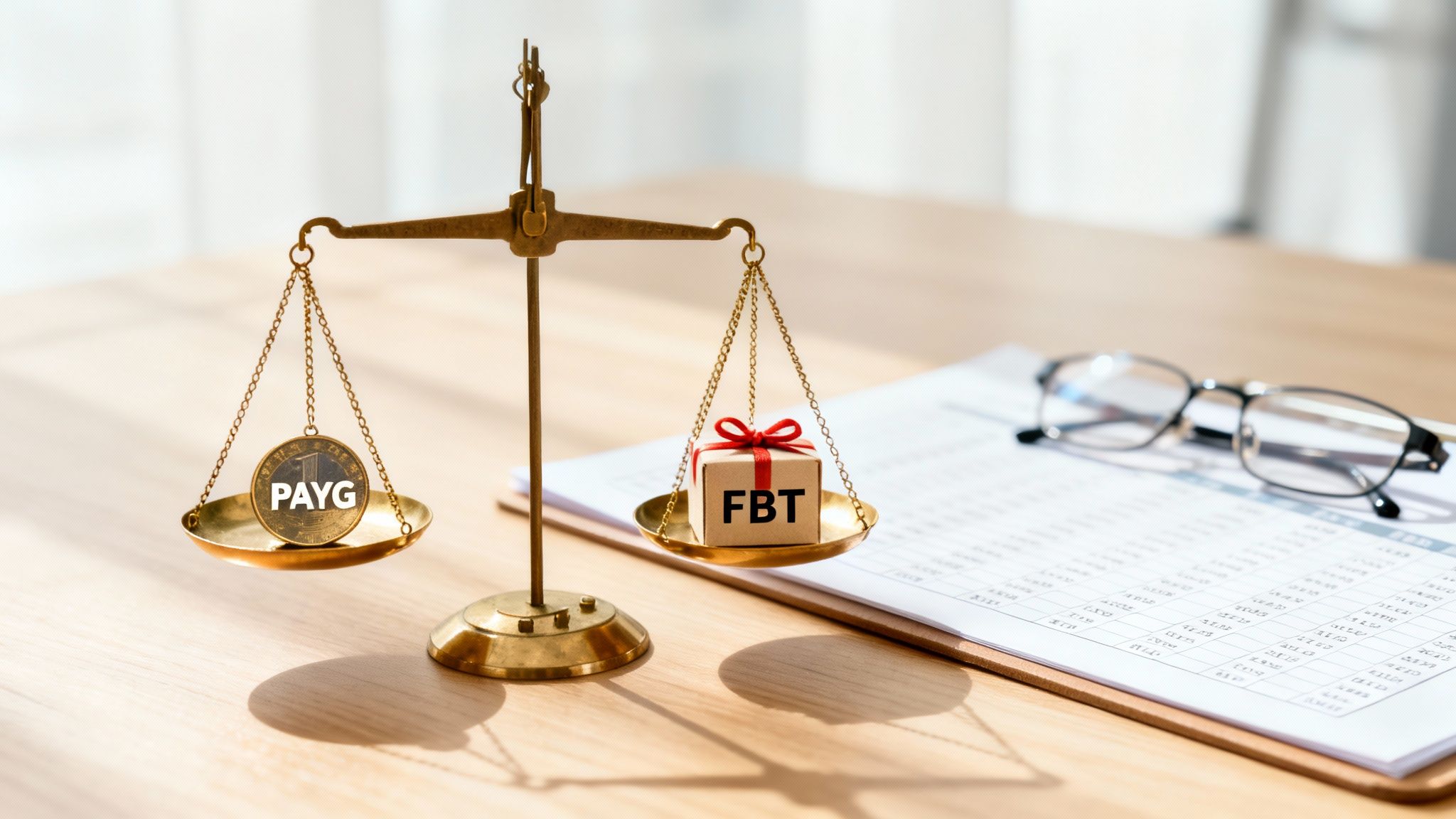 Balance scales weigh a 'PAYG' coin against an 'FBT' gift box, representing tax or financial choices.