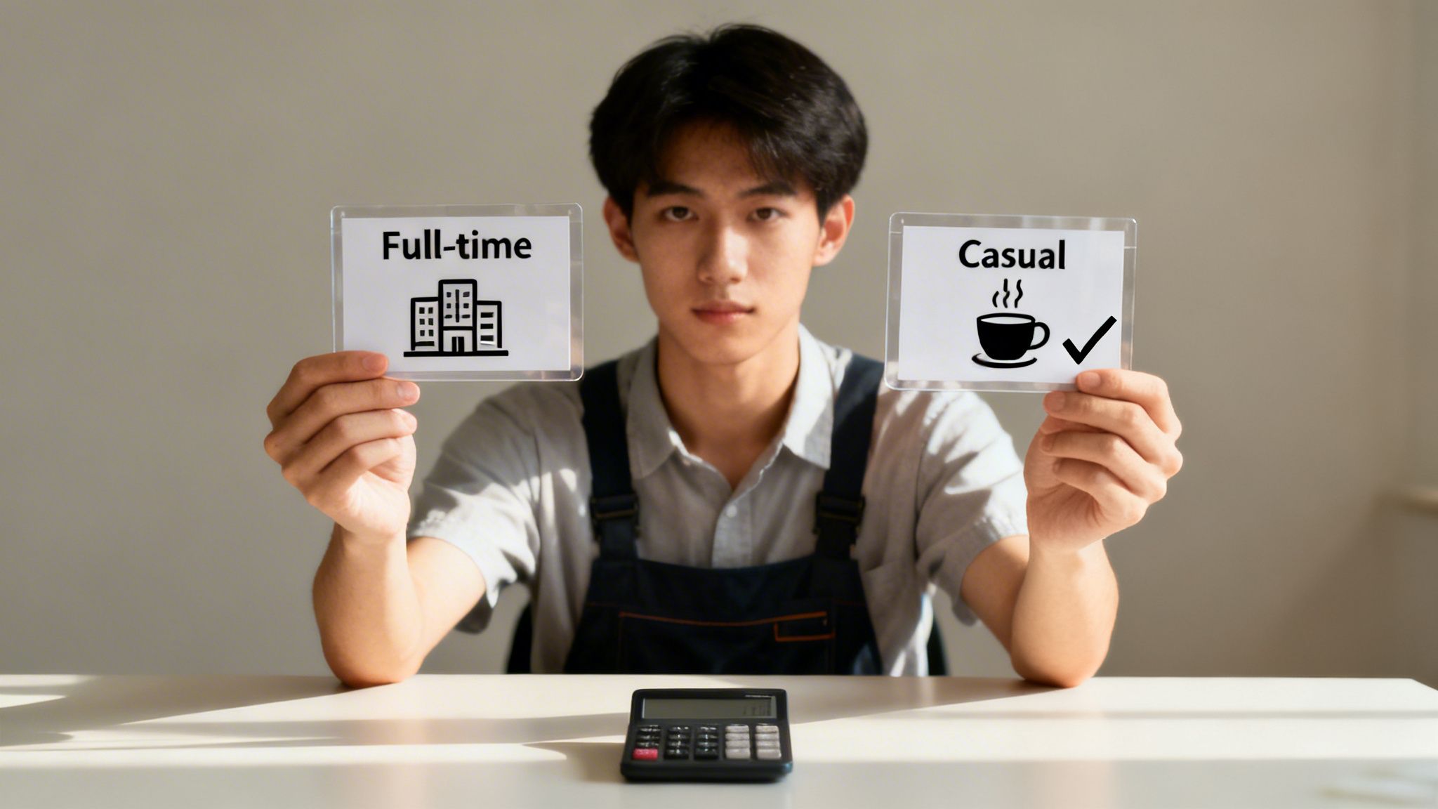 Young man holds 'Full-time' and 'Casual' signs, with a calculator, symbolizing employment choices.