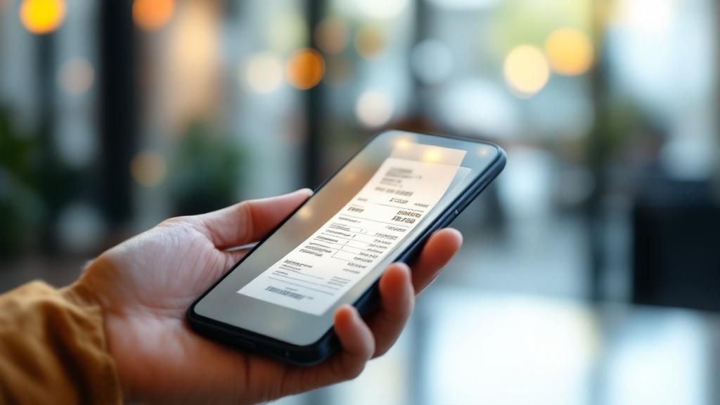 Hand holding a smartphone displaying a digital receipt with itemized expenses