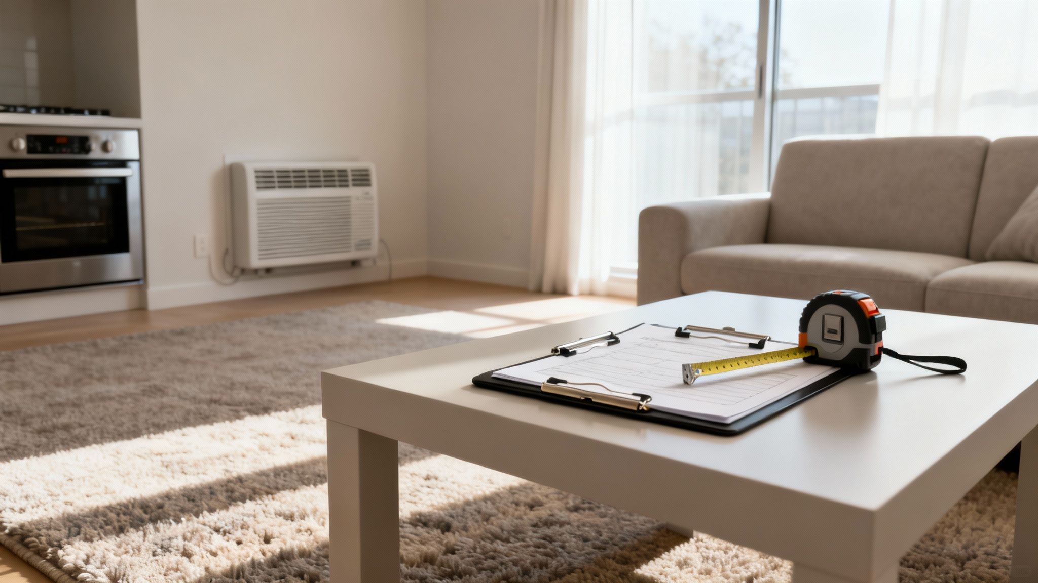 햇살 가득한 거실에 흰색 탁자와 서류, 줄자가 놓여 있고, 주방과 소파가 보인다.