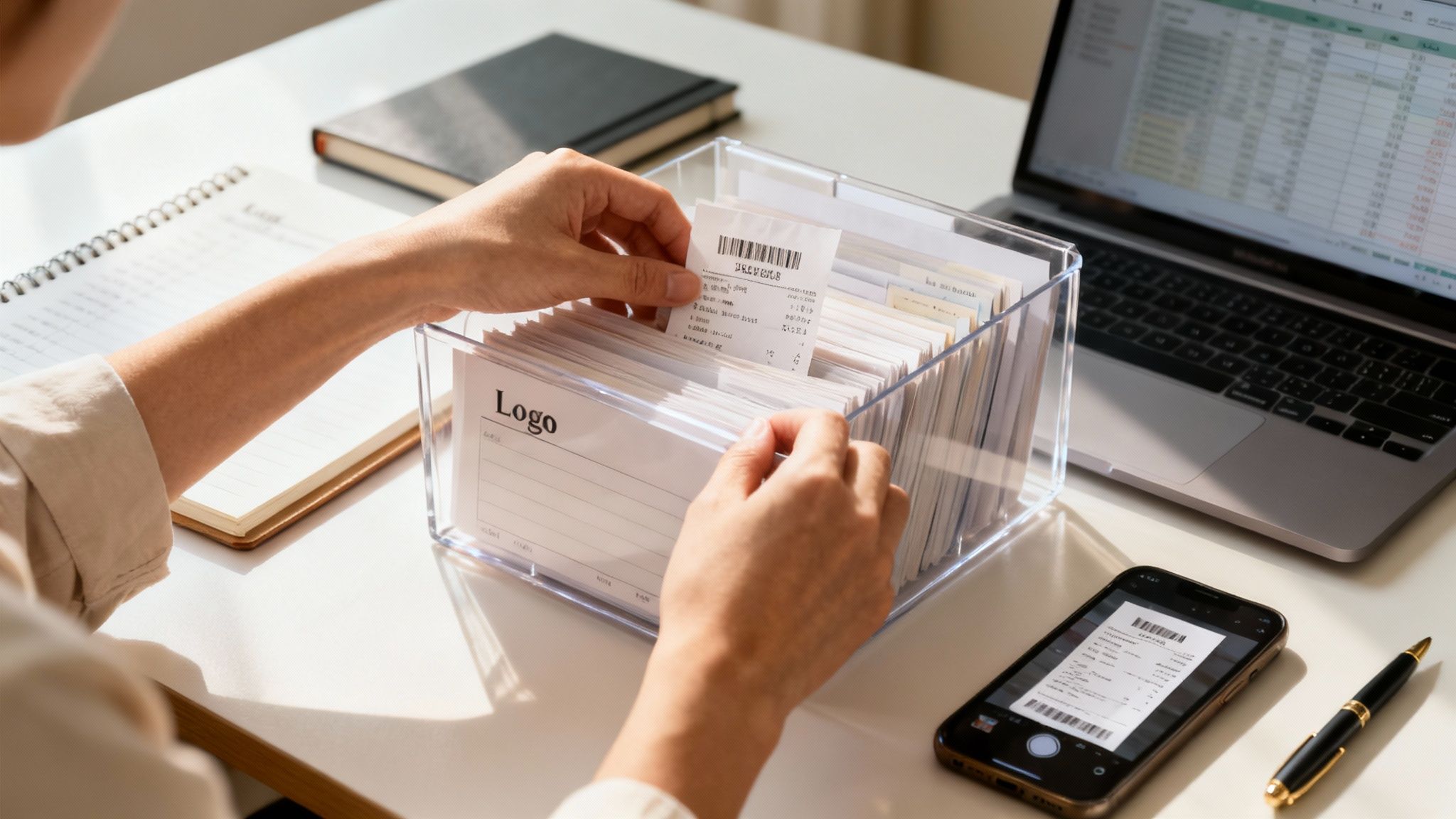 손이 영수증을 투명 상자에 정리하고 있으며, 옆에는 노트북과 스마트폰이 놓여있습니다.