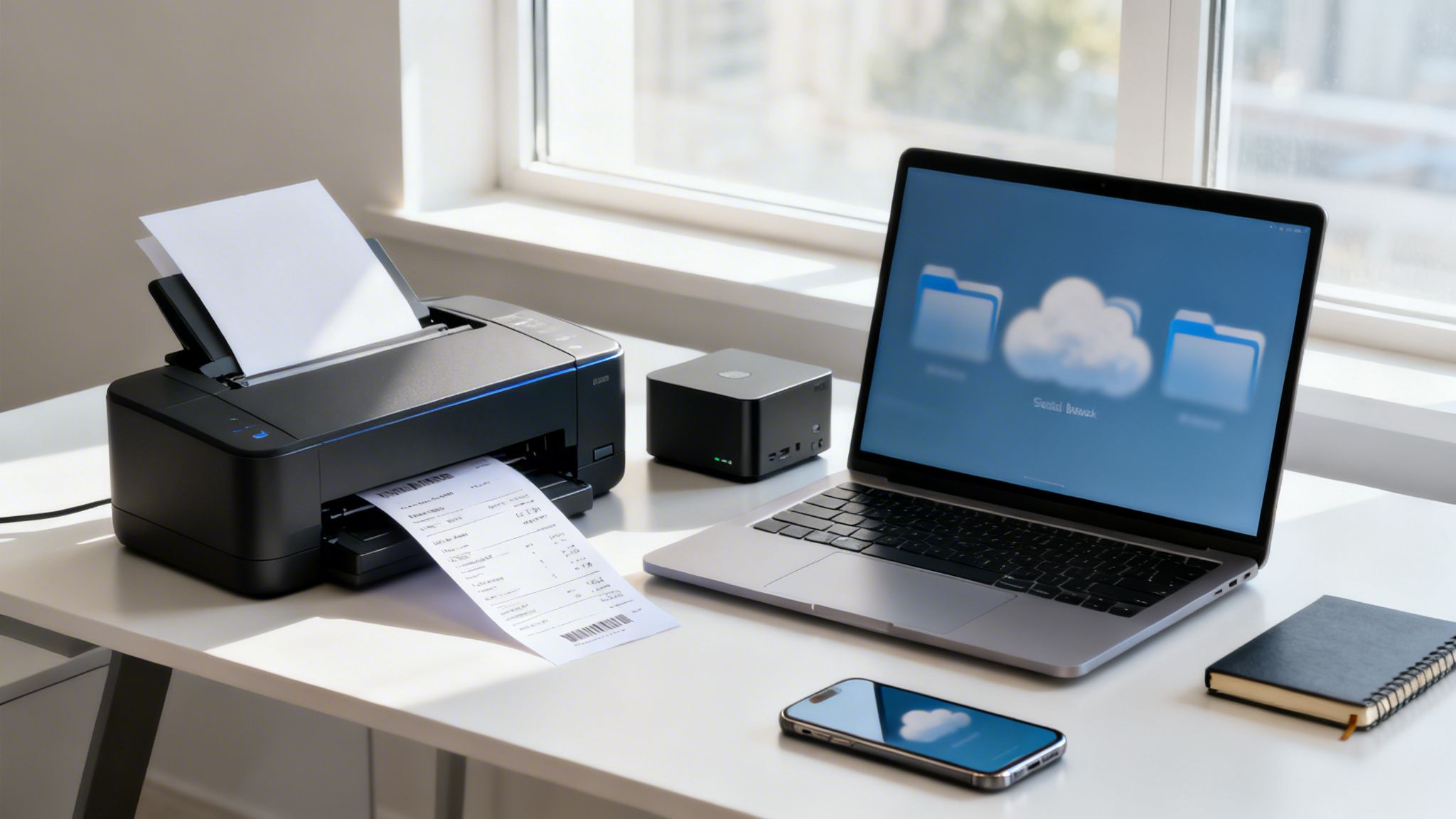 문서가 출력되는 프린터, 클라우드 저장 화면이 보이는 노트북, 스마트폰, 그리고 서류가 있는 깔끔한 사무실 책상 풍경.