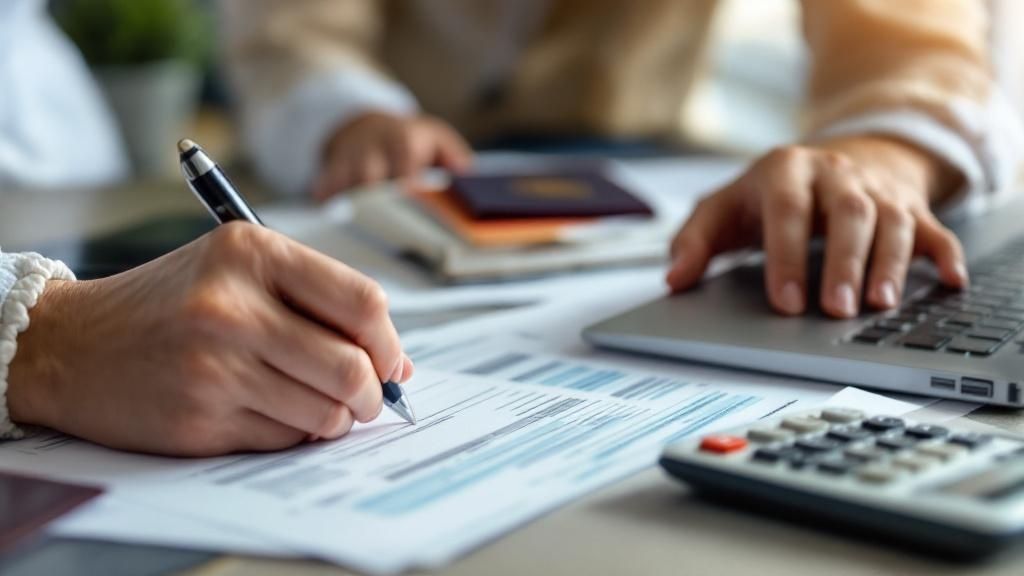 Close-up of hands filling out tax deduction forms with calculator and laptop