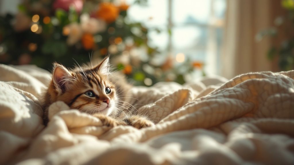 A fluffy kitten resting on a cozy blanket with a blurred floral background, symbolizing comfort and simplicity.