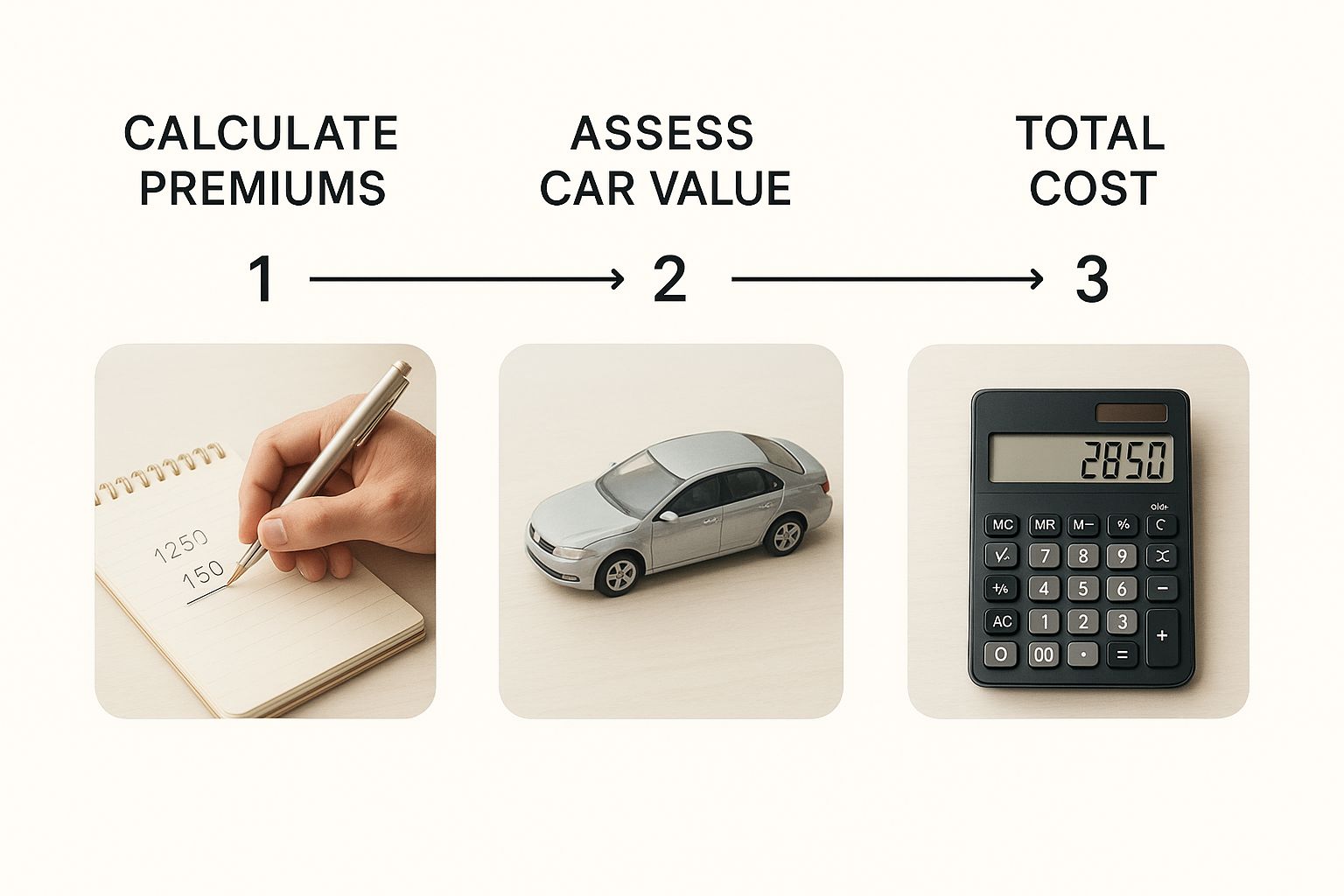 Infographic showing three steps to calculate car expenses: calculate premiums, assess car value, and total cost using a calculator