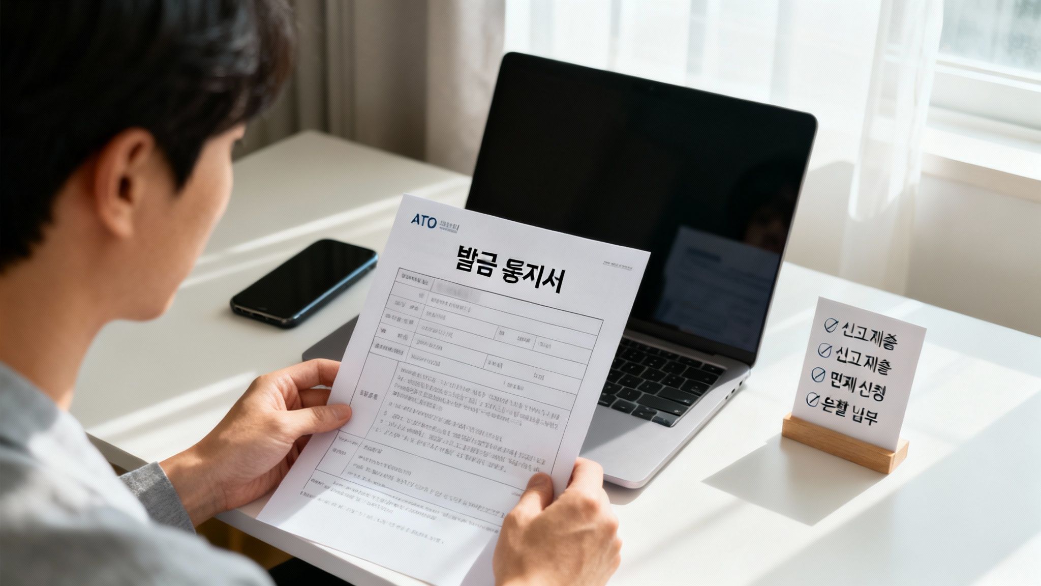 늦은 세금 신고 벌금 통지서를 랩톱 앞에서 확인하며 업무를 처리하는 사람