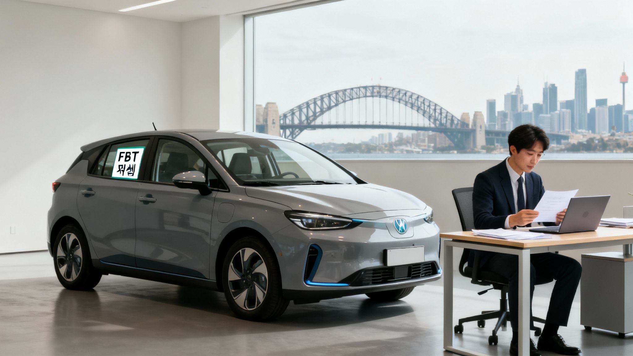 시드니 항구 배경의 사무실에 전시된 회색 전기차와 서류를 검토하는 남성.