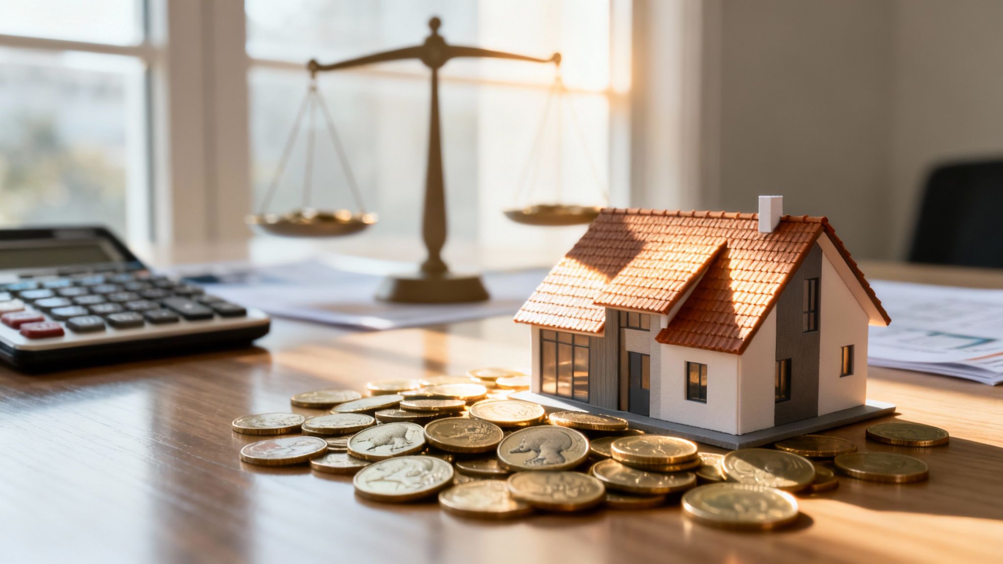 Negative gearing property investment concept showing a house model, coins, and calculator illustrating Australian tax benefits for investors.