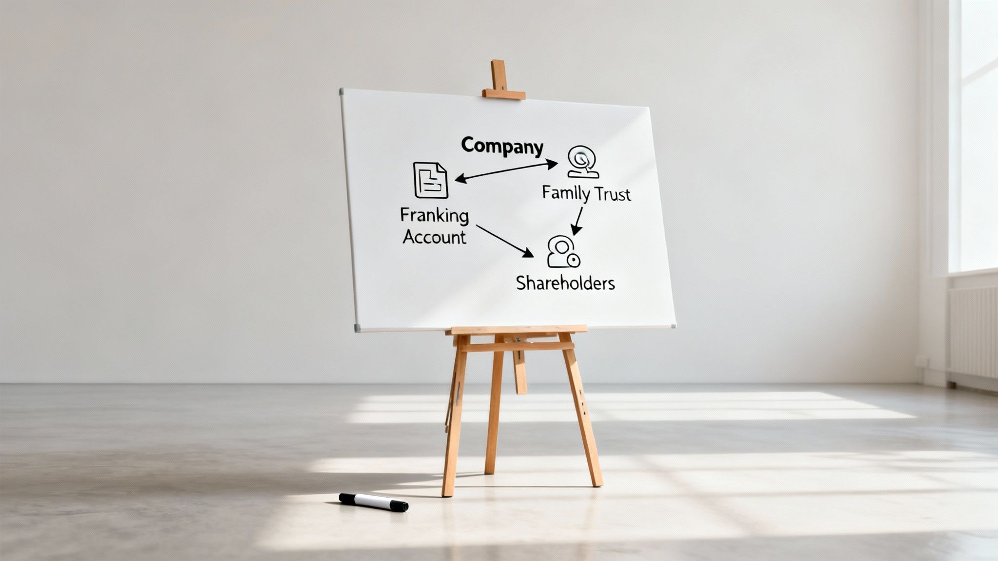 이젤에 놓인 화이트보드에 회사, 가족 신탁, 주주, 프랭킹 계정 간의 관계를 보여주는 다이어그램이 그려져 있습니다.