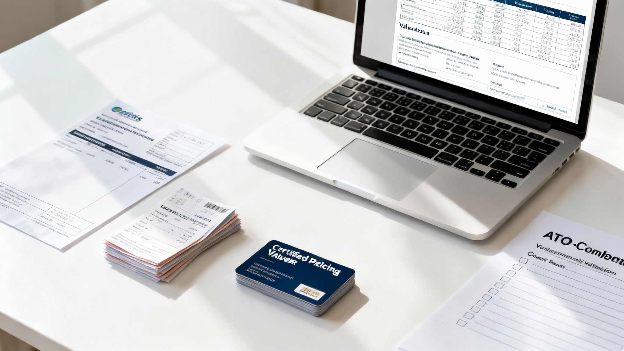 A professional desk setup featuring a laptop with financial data, 'Certified Pricing Valuer' cards, and documents.