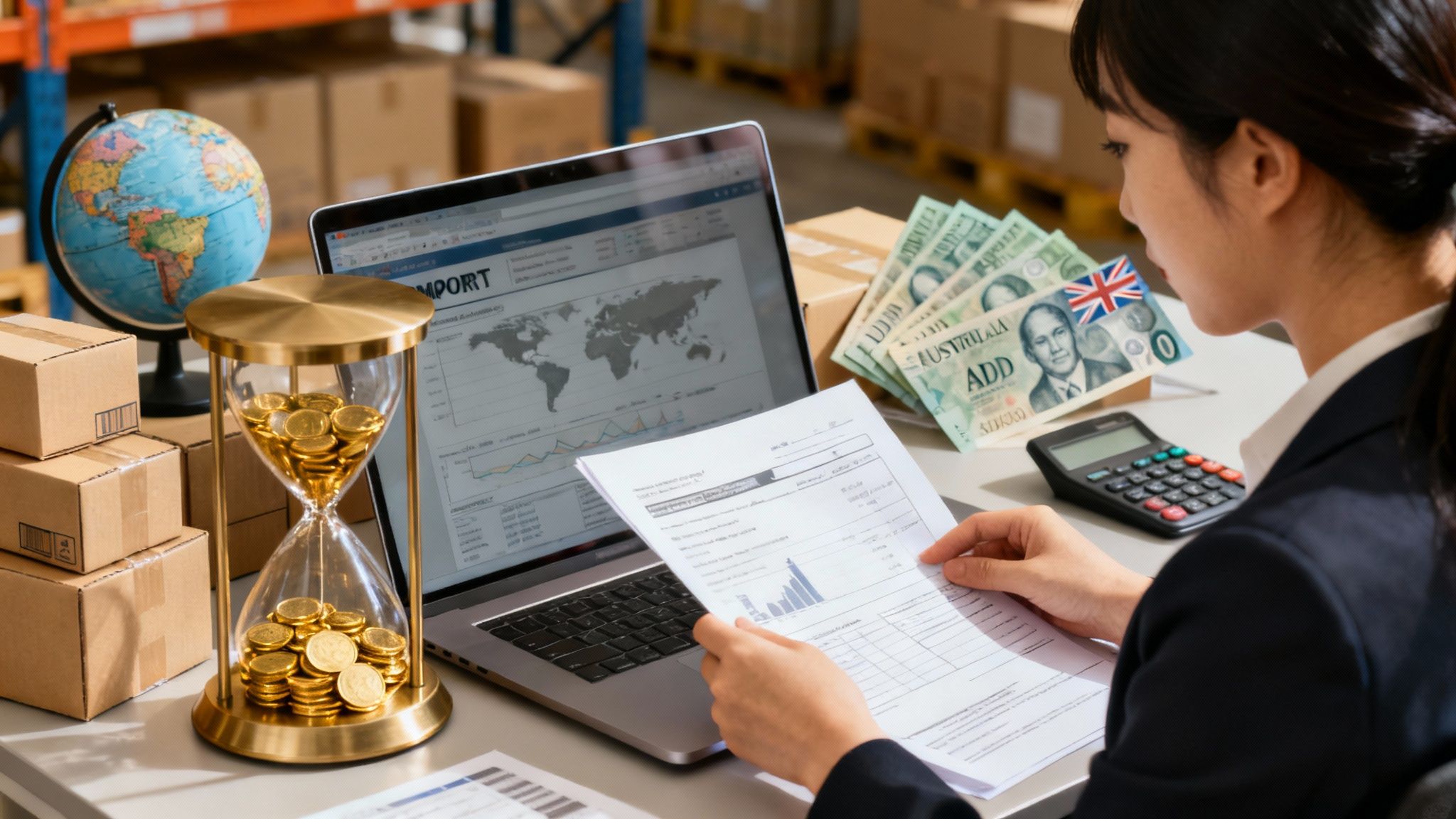 호주 수입 비즈니스 현금 흐름 관리를 위해 Deferred GST Scheme를 검토하는 사업자와 GST 납부 구조를 설명하는 이미지.