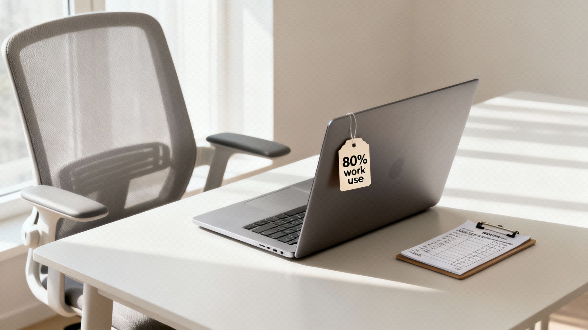 Modern home office with laptop, '80% work use' tag, and clipboard on a light desk.
