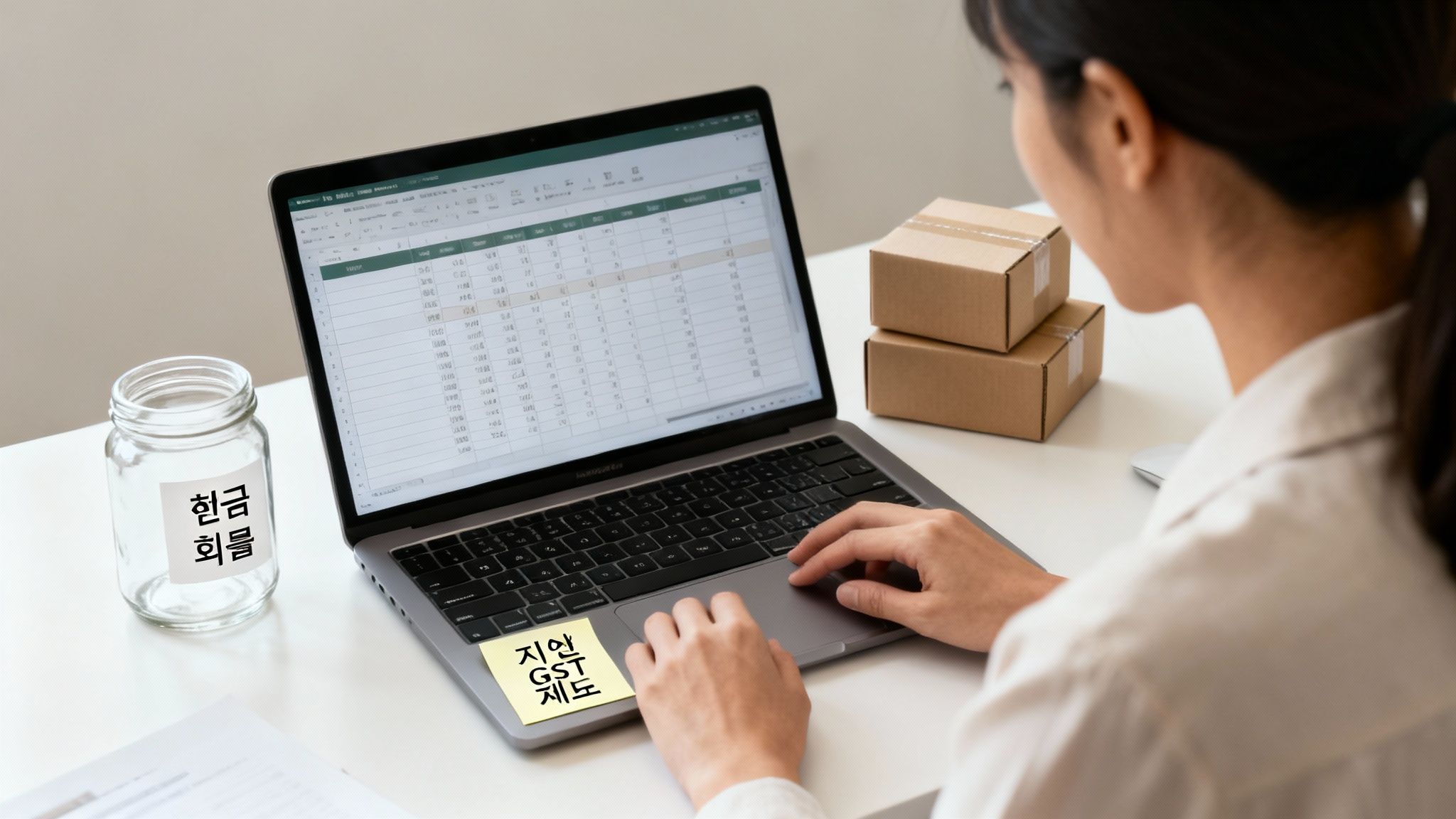 여성이 노트북으로 지연 GST 제도 관련 자료를 검토하며, 옆에 현금 회복 유리병이 놓여있다.