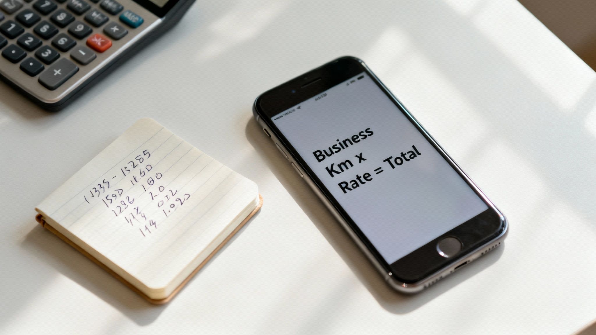 A top-down view of a desk with a calculator, a notepad with numbers, and a smartphone showing 'Business Km x Rate = Total'.