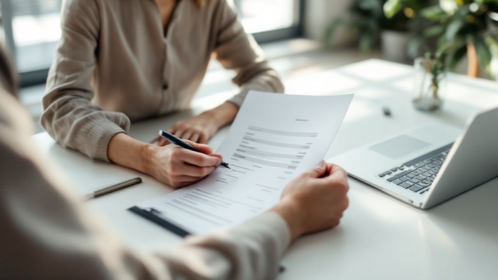 Close-up of two people reviewing and signing a financial document at a desk with a laptop.