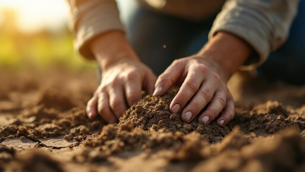 Close-up of a farmer’s hands digging into soil, symbolizing agricultural labor in Australia.