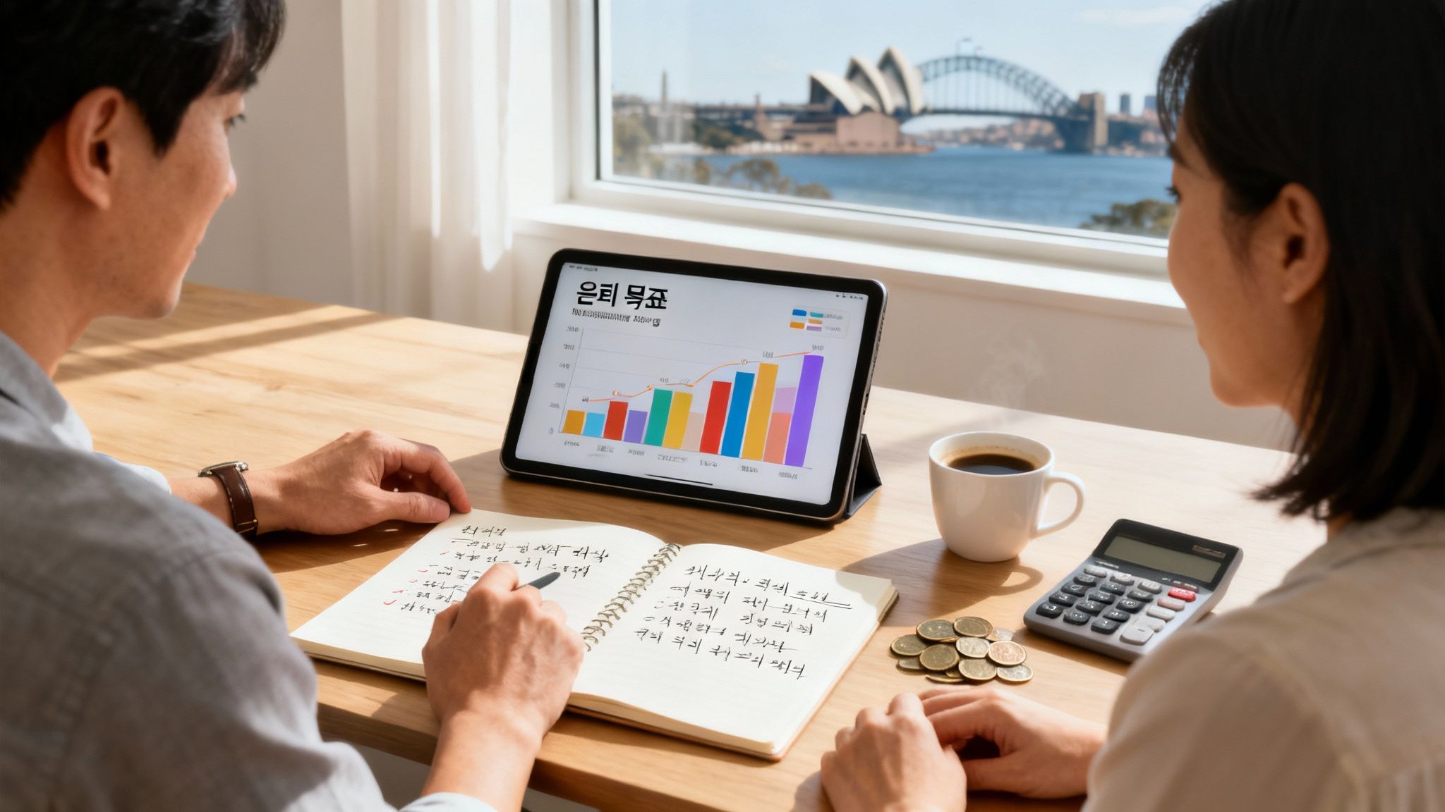 호주 은퇴 자금 슈퍼는 얼마가 충분할지 재정 상담 중인 부부가 태블릿으로 은퇴 자산을 분석하는 모습