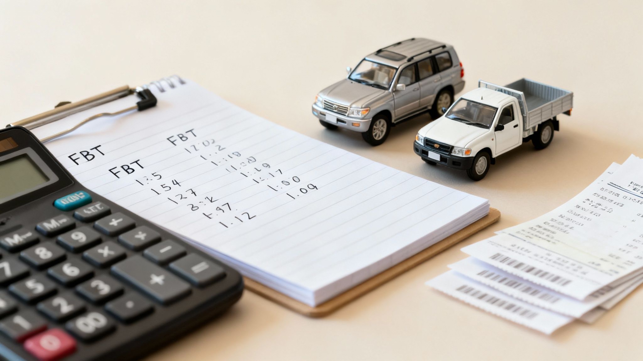 Calculator, notepad with FBT calculations, toy cars, and receipts, symbolizing car finance.