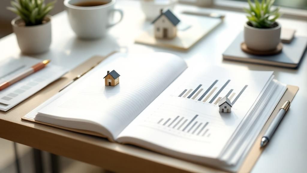 Miniature houses on financial charts and notebook, representing CGT calculations and property tax planning in Australia