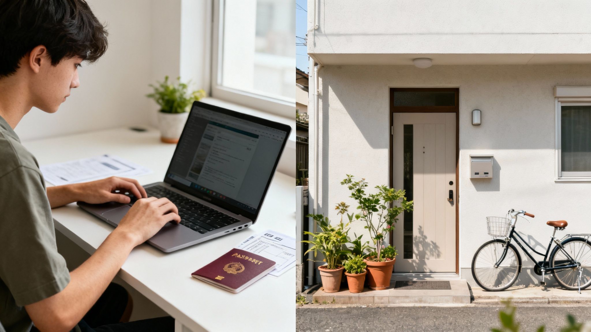 젊은 남자가 노트북으로 작업하고 여권이 있는 모습과 주택 앞에 자전거와 화분들이 있는 모습.