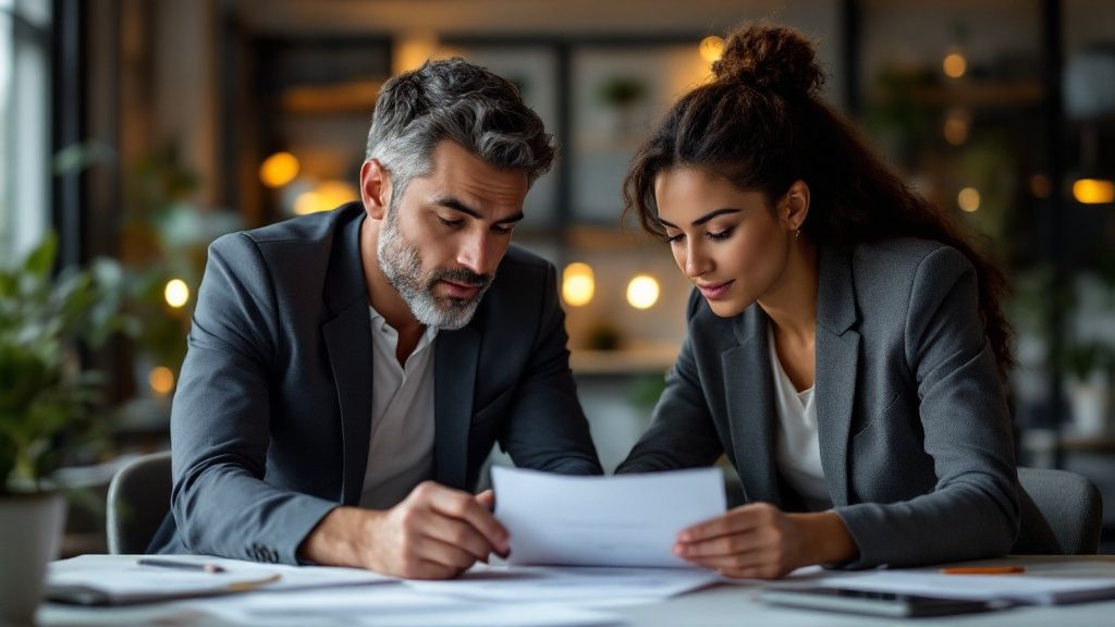Man and woman reviewing financial documents together at a desk in a professional setting
