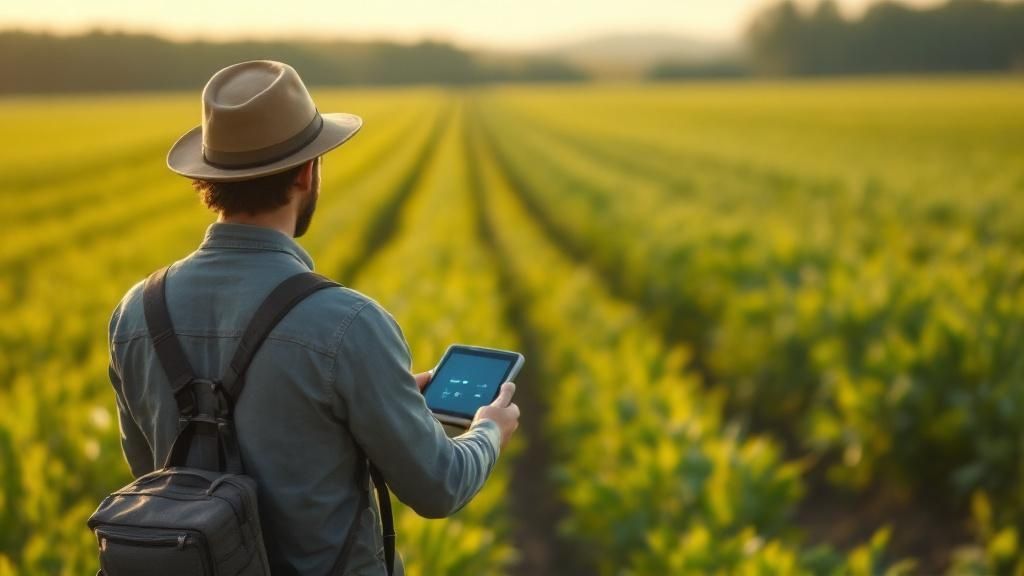 A farmer using a digital tablet to monitor crops in a large green field, illustrating modern agriculture technology in Australia.