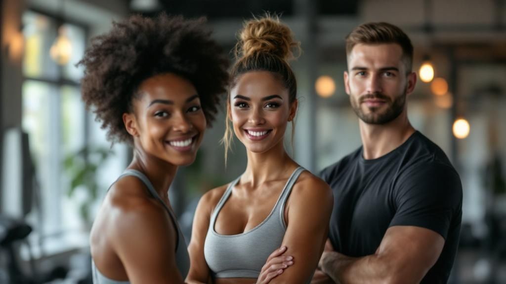 Group of fitness professionals smiling confidently in a gym setting