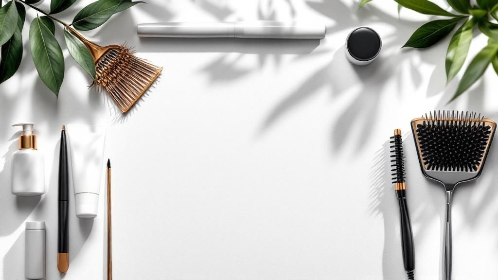 Flat lay of hairdressing tools and beauty products arranged around a white blank space, with tropical leaves for decoration.