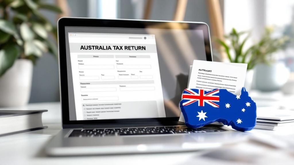 Australian tax return form displayed on a laptop screen with an Australian flag and tax documents beside it