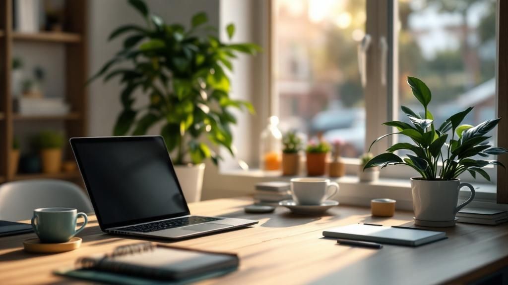 A bright home office setup with a laptop, notebooks, coffee mugs, and indoor plants near a window.
