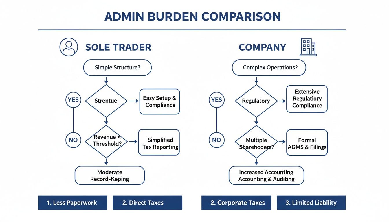 Flowchart comparing administrative burden for sole traders and companies, detailing setup, compliance, and taxes.