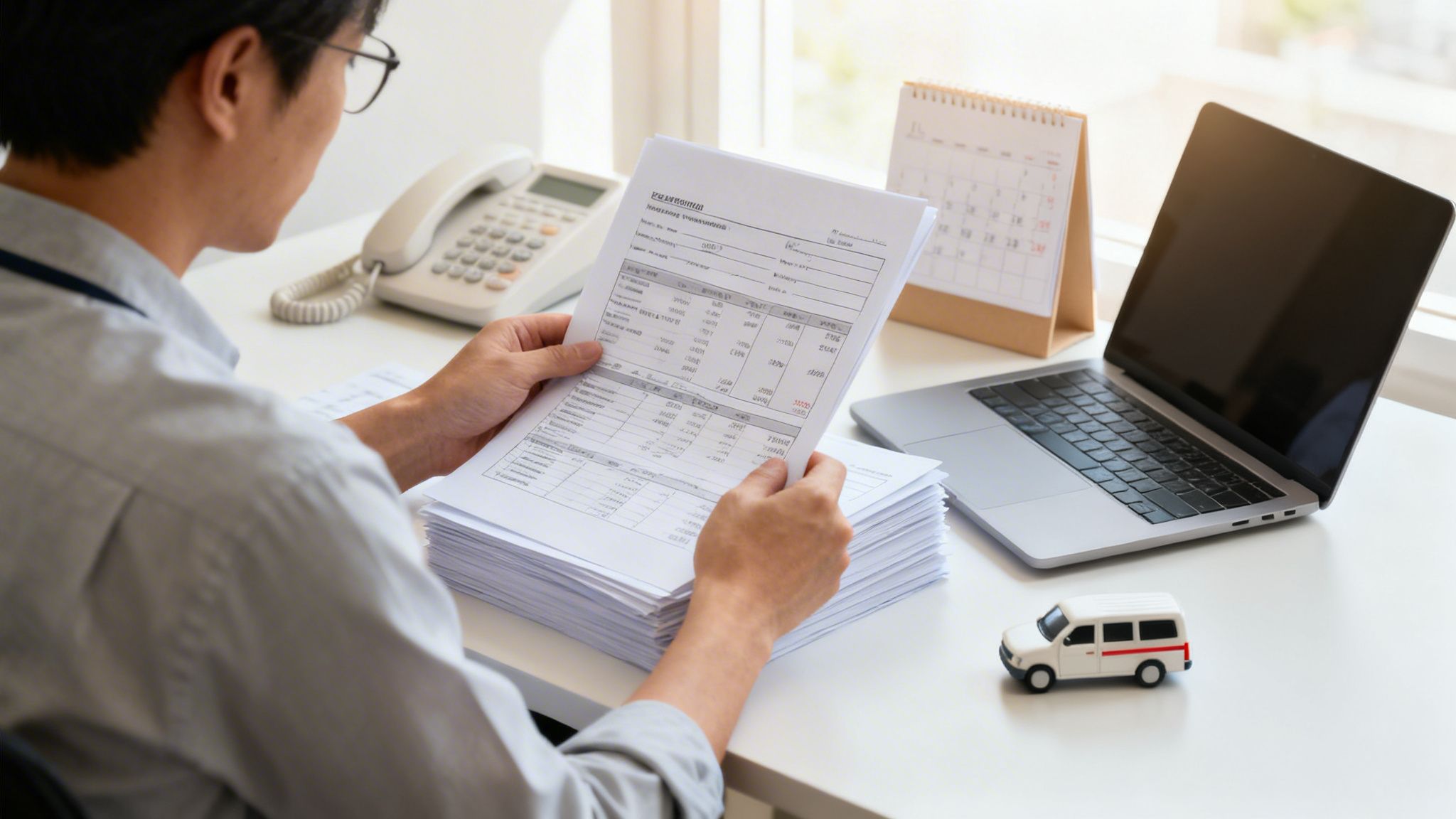 사무실 책상에 앉아 급여 관련 서류를 꼼꼼히 검토하는 남성의 모습