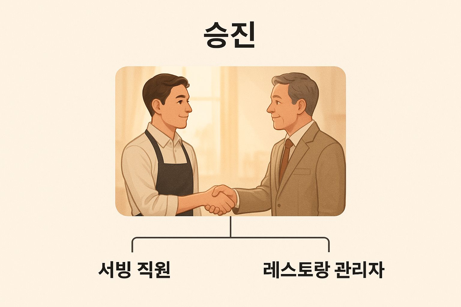 Illustration of career progression in the hospitality industry, showing a waiter shaking hands with a restaurant manager under the label "Promotion".