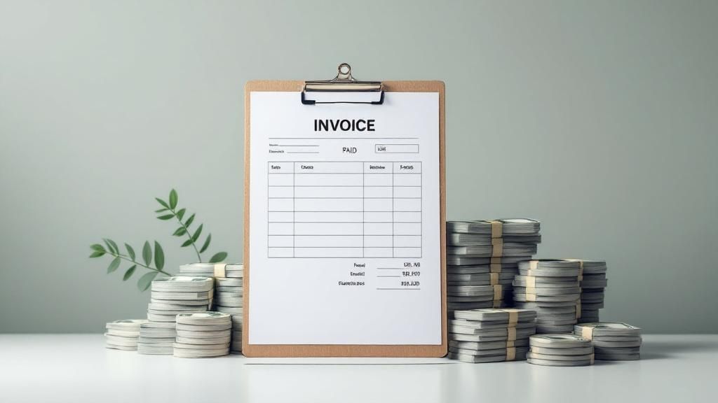 Invoice document on clipboard with stacked coins, symbolizing immediate cash conversion