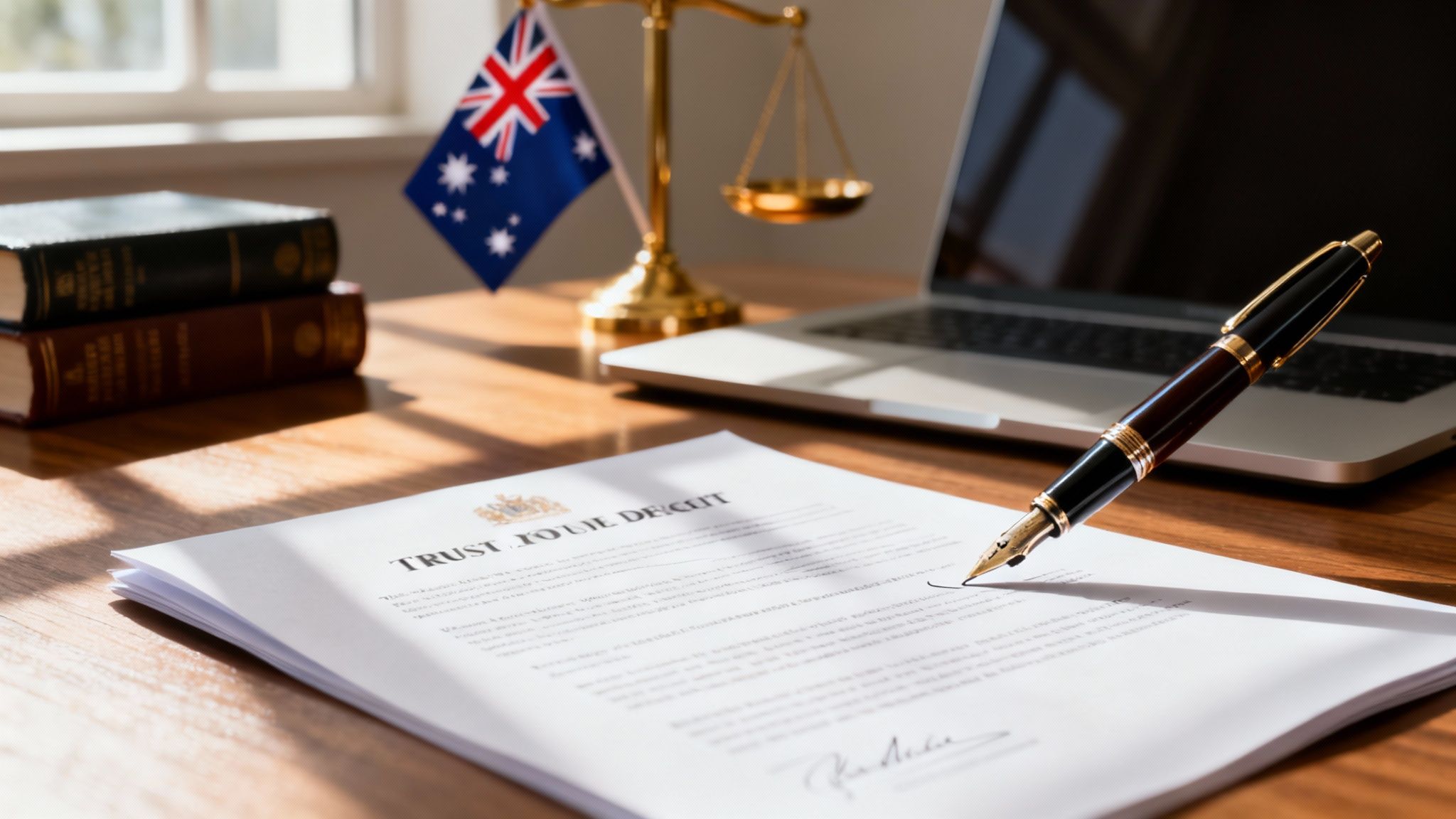 Legal and financial documents on a desk with an Australian flag, representing how to set up a trust in Australia for asset protection and tax planning.