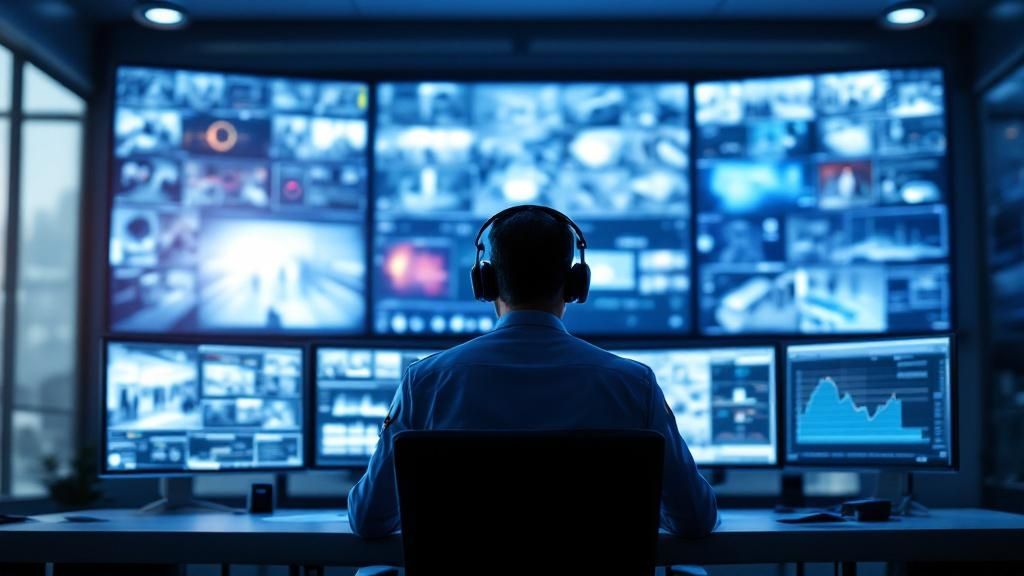 Security officer monitoring multiple surveillance screens in a control room.