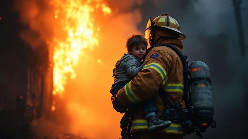 Firefighter rescuing a child in front of a burning building, illustrating heroism and public service
