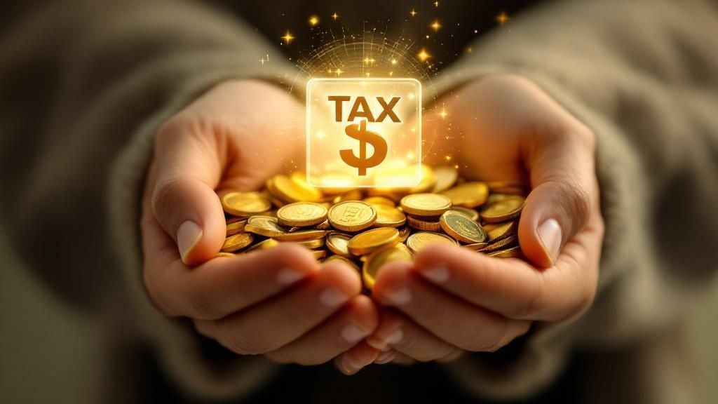 Close-up of hands holding a pile of gold coins, with a glowing "TAX $" symbol above them, representing capital gains tax in Australia.