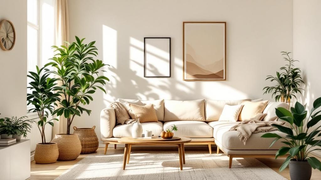 A bright and modern living room with a beige sectional sofa, wooden coffee table, framed artwork, and lush indoor plants — representing a well-styled Airbnb space where furnishing costs may be tax-deductible.