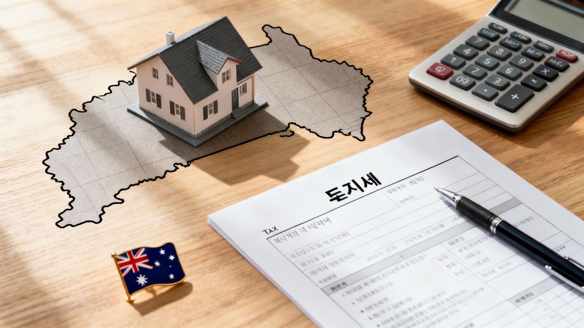 NSW 토지세 안내 문서와 주택 모형을 함께 살펴보는 장면으로, 호주 뉴사우스웨일즈 토지세 계산과 부동산 세금을 설명하는 이미지